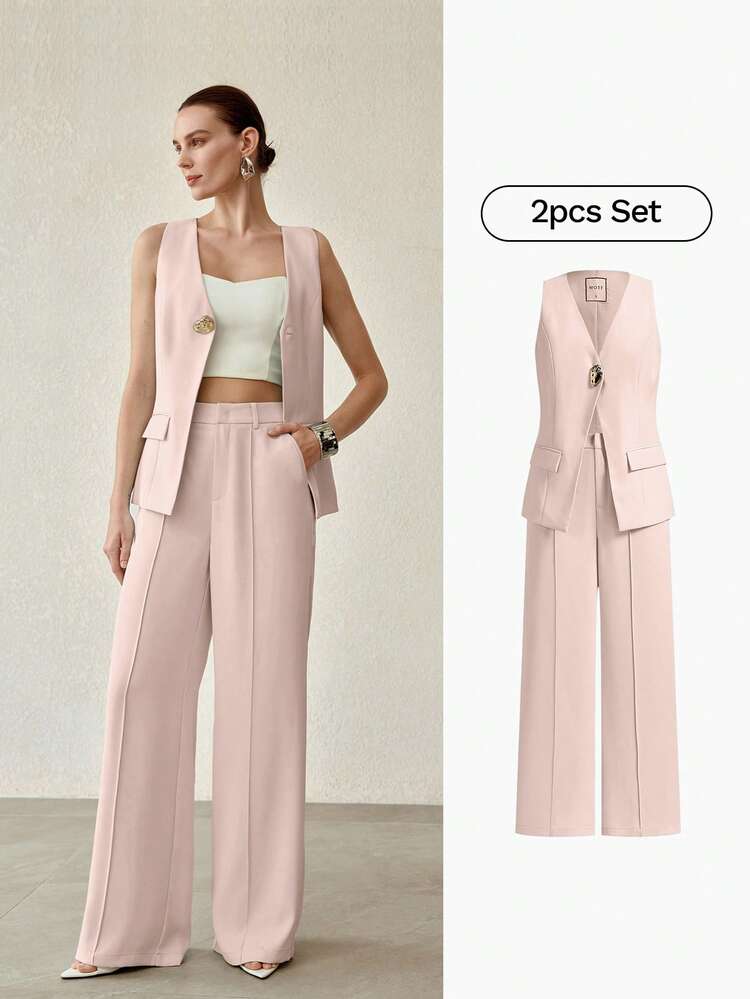 WOMEN'S PINK SUIT SLEEVELESS VEST & SEAM FRONT PANTS OUTERWEAR, TWO PIECES SET