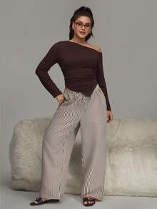 HautHeat Plus Size Women Oblique Shoulder Ruched Asymmetrical Hem Long Sleeve Top And Striped Drawstring Waist Loose Pants Pajama Set - Coffee Brown - View 4
