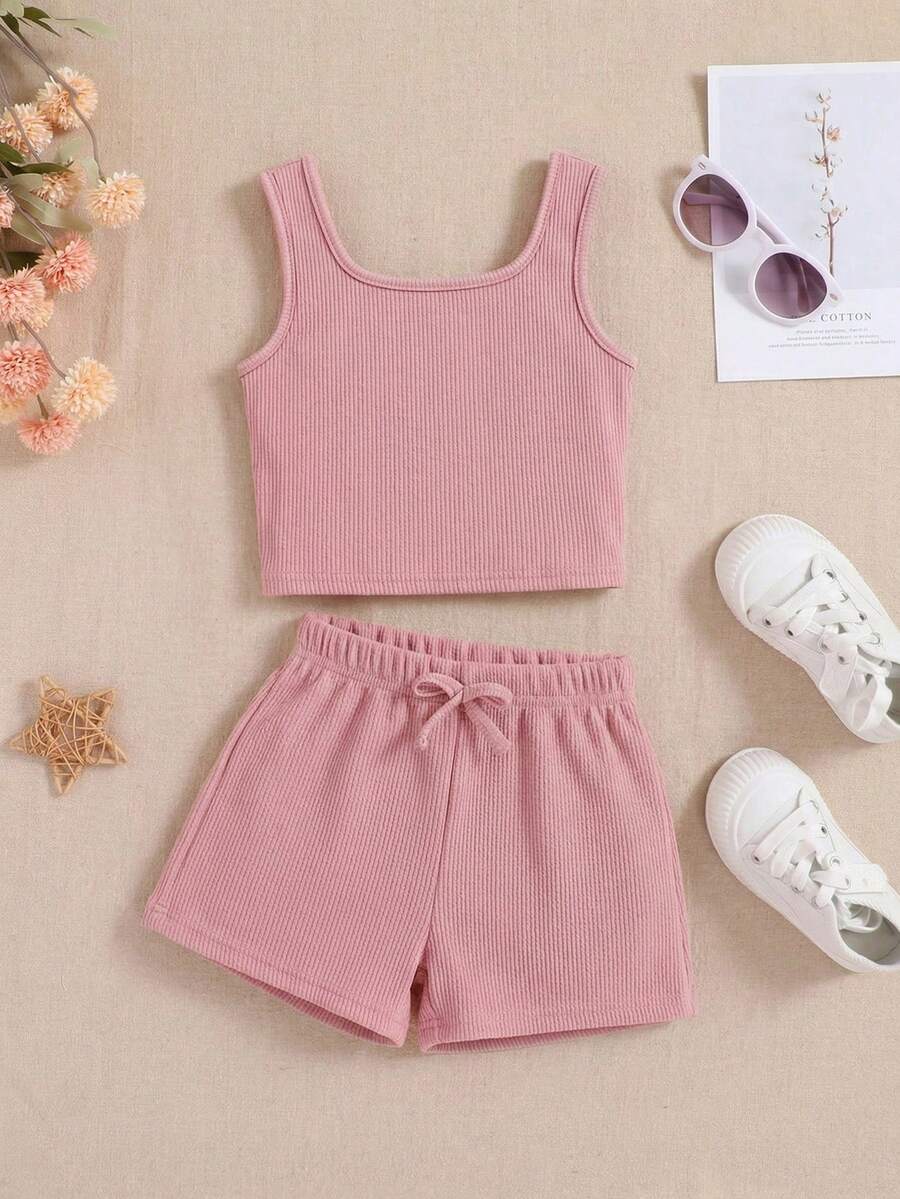 SHEIN 女童休闲家居服纯色无袖上衣和短裤套装 - 粉色 - 查看 1