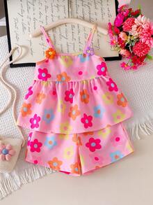 SHEIN Elladie kids 女童彩色花卉印花細肩帶上衣與短褲兩件套，活潑夏季兒童套裝，度假家庭親子度假穿搭衣著 - 粉色 - 查看 6