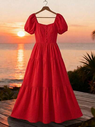 Vestido midi de mujer de color sólido, cuello cuadrado, mangas farol, botones frontales y diseño de capas