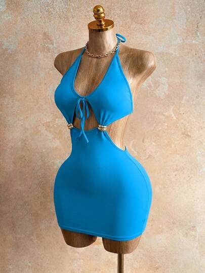 Mistrie Women's Solid Color Hollow Out Spaghetti Strap Bodycon Sexy Dress