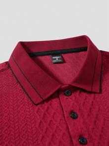 Manfinity Joysei 男士提花纹理罗纹领三粒扣 Polo 衫 - 酒紅色 - 查看 4