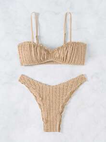 SHEIN X SAMADHI Oceva Ladies' Solid Summer Beach Textured Frill Trim Bikini Swimwear Set - Khaki - View 8