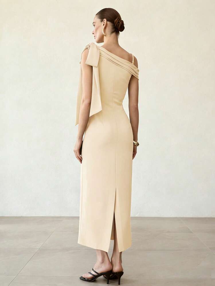 ELEGANT BOW ASYMMETRICAL SHOULDER SLIM FIT LONG DRESS