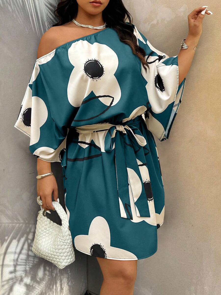 Rometta Vestido casual de vacaciones con estampado de flores, cuello asimétrico y talla grande - Multicolor - Ver 1