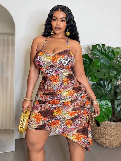 Slaydiva Bộ đồ bơi nữ cỡ lớn in họa tiết da báo bất đối xứng mới, áo tắm 2 mảnh xếp ly tôn dáng cho kỳ nghỉ.