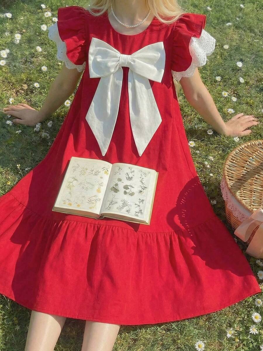 SHEIN 少女白色撞色蝴蝶结短袖A字休闲红色连衣裙 - 紅色 - 查看 1