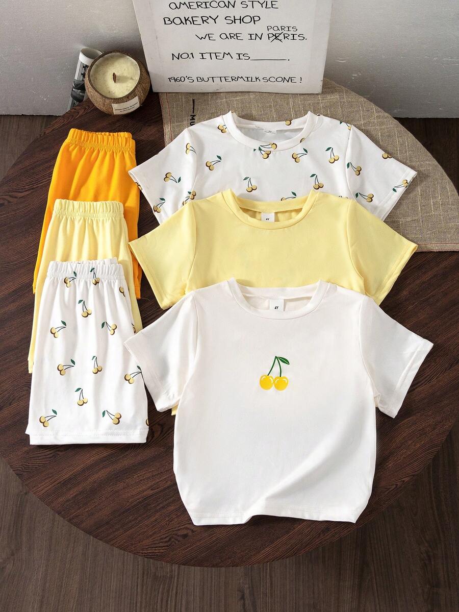 Genkimix Kids 3件套女童可爱迷你樱桃印花休闲宽松短袖T恤短裤套装,适合夏季穿着 - 彩色 - 查看 1