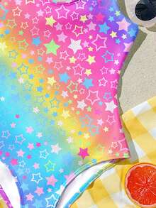 彩色渐变多巴胺星形印花连体泳衣，休闲简约设计，适合海滩度假、青少年女孩，夏季穿着。 - 彩色 - 查看 7