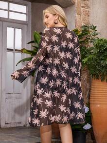 Slaydiva Plus Size Women Floral & Leaf Print Tie Front Bikini Set With Long Sleeve Kimono Robe 3-Piece Bikini Set - Multicolor - View 2