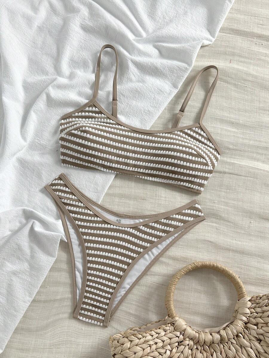 Swim Vcay 女士休闲度假沙滩派对优雅提花复古比基尼两件式泳衣，夏季新品系列 - 棕色 - 查看 1