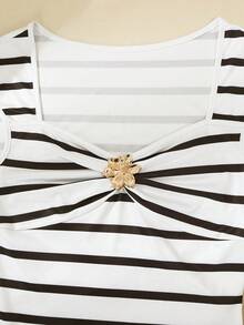 GlowEve 女士时尚方领褶皱腰身优雅花卉金属纽扣条纹短袖T恤，休闲度假风日常穿着，春夏款 - 彩色 - 查看 5