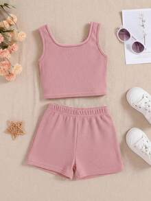 SHEIN 女童休闲家居服纯色无袖上衣和短裤套装 - 粉色 - 查看 2