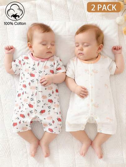 SHEIN 2件套新生女宝宝连体短裤，柔软舒适，100%纯棉休闲套装，兔子和花朵印花，适合春夏穿着，0-1岁宝宝