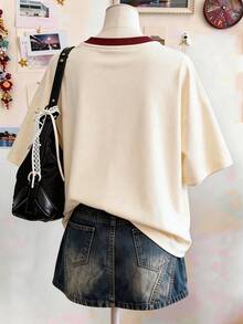 Lalippa Shiny Cherry Pattern Rhinestone Embellished Oversized Mid-Length Round Neck Drop Shoulder T-Shirt, Casual Gift For Friends - Apricot - View 2