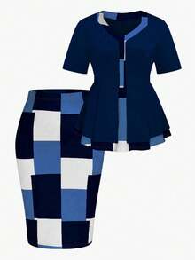 Plus Size Women's Geometric Print Ruffle Hem Top And Pencil Skirt Elegant 2-Piece Set - Navy Blue - View 1