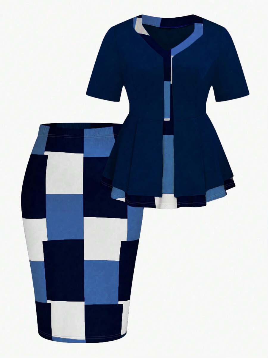 Plus Size Women's Geometric Print Ruffle Hem Top And Pencil Skirt Elegant 2-Piece Set - Navy Blue - View 1