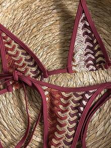 Swim Vcay Swim 2 Pieces Textured Halter Bikini Set, Burgundy Crochet Swimwear For Women,Summer Casual Holiday Vacation,Zebra Print String Bathing Suit - Multicolor - View 7