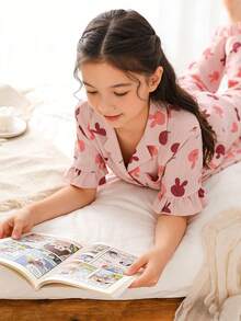 Conjunto de pijama con top de manga corta y pantalones de tela de crepé con estampado de corazones a rayas para niñas, de moda y lindo - Rosado Sandía - Ver 6