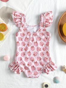 SHEIN Bộ đồ bơi liền thân cho bé gái, họa tiết dâu tây sọc dọc màu hồng, viền bèo nhún, chất liệu vải dệt kim co giãn nhanh khô, thích hợp cho bãi biển, hồ bơi, lướt sóng, kỳ nghỉ hè. - Hồng - Xem 2