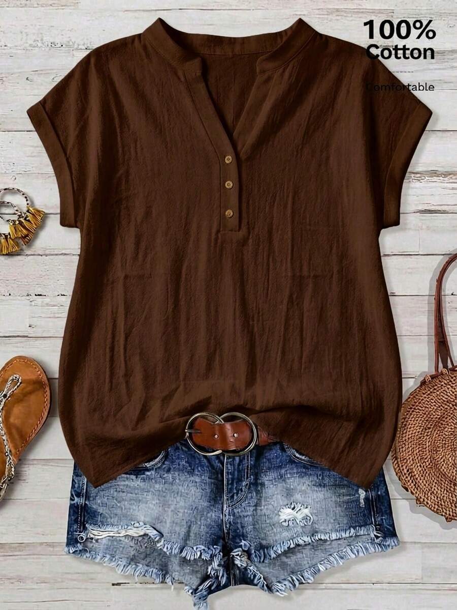 EMERY ROSE 休闲简约深色衬衫，适合夏季穿着 - 棕色 - 查看 1