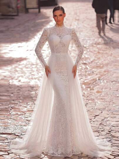 Aureia Vestido de novia, vestido de gala formal, de mujer, con corte en A, mangas largas, cuello alto, con empalmado de encaje bordado francés y malla en estilo minimalista blanco