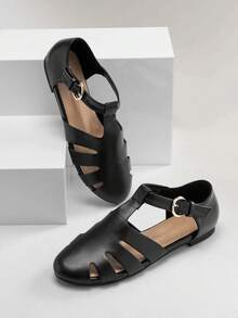 SHUZIA Sapatilhas femininas elegantes estilo pescador com tira de PU e fivela - Preto - View 1
