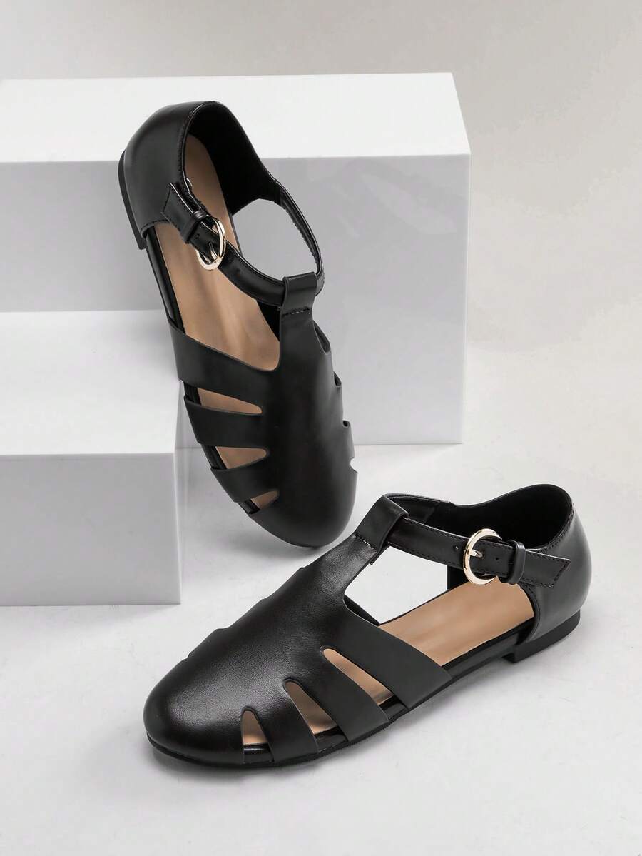SHUZIA Sapatilhas femininas elegantes estilo pescador com tira de PU e fivela - Preto - View 1