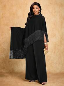 Brilight 女士春夏新款仿亚麻纯色面料现代不对称领口披肩袖不规则下摆拼接工艺流苏宽松上衣搭配松紧腰阔腿裤两件套，适合约会、晚宴、海滩度假、婚礼宾客、音乐会等场合穿着，优雅休闲简约时尚。 - 黑色 - 查看 5