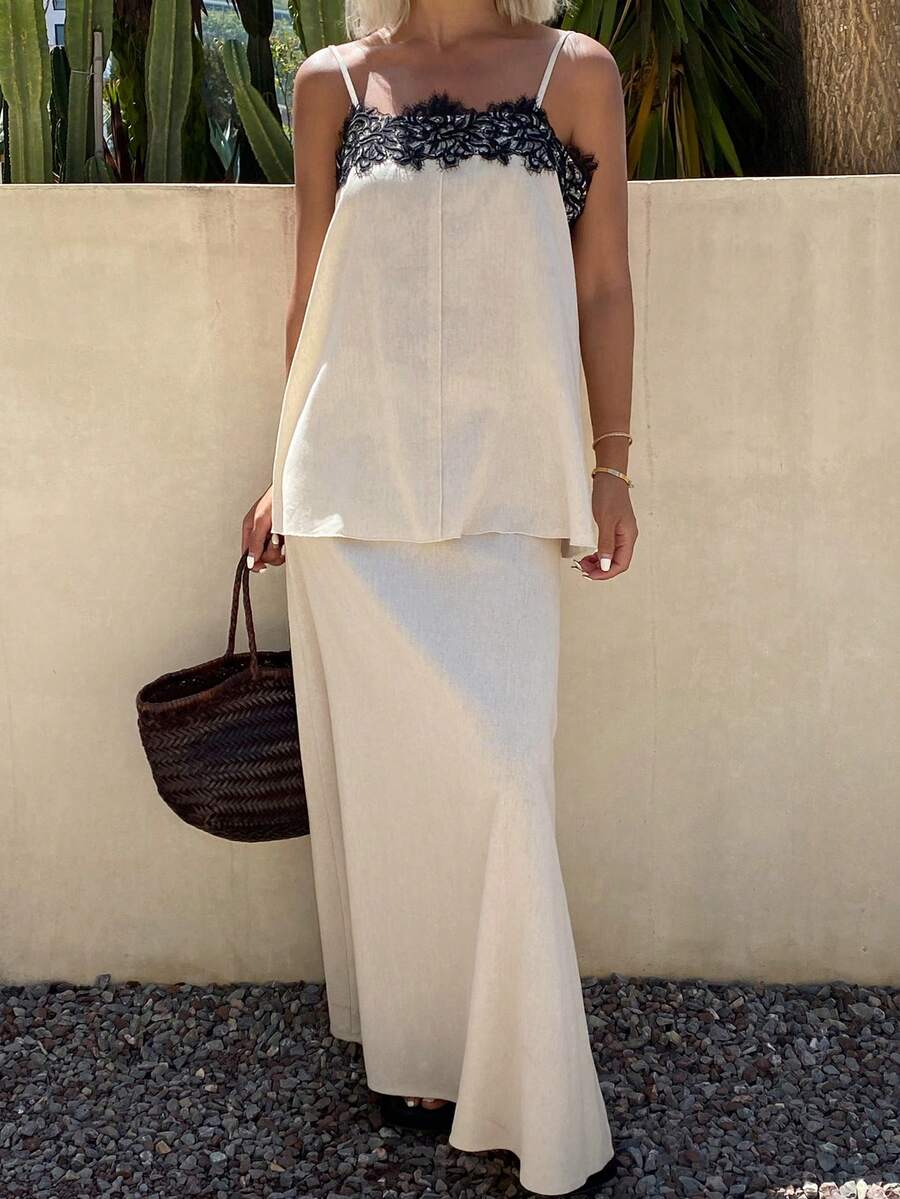 Livesso 女士春夏度假套装，白色蕾丝拼接吊带背心和休闲长裙两件套 - 杏色 - 查看 1