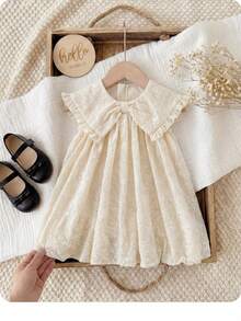 SHEIN LMoss Kids Babygirl 可爱杏色花卉刺绣节日彼得潘领夏季连衣裙 - 米色 - 查看 6