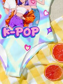 Fashionable Bright Color Starry Cartoon Girl Print,K-POP,Tween Casual Minimalist One-Piece Swimsuit Suitable For Summer Island,Beach,Vacation - Multicolor - View 4