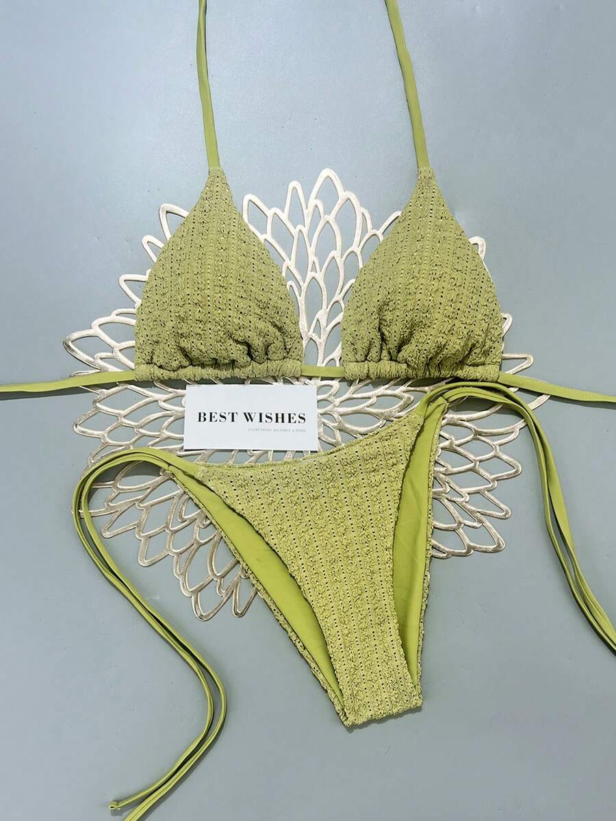 Swim Mod 2026 Spring/Summer Bikini Swimsuit For Women, High-End Vacation Beach Style, Halter Neck Tie-Up Padded Sexy Two Pieces Set - Army Green - View 1