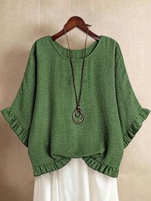 SHEIN LUNE Women's Plus Size Casual Green Woven Fabric Top With Round Neck Half Batwing Sleeves Ruffle Details And Regular Length Perfect For Halloween - Green - View 1