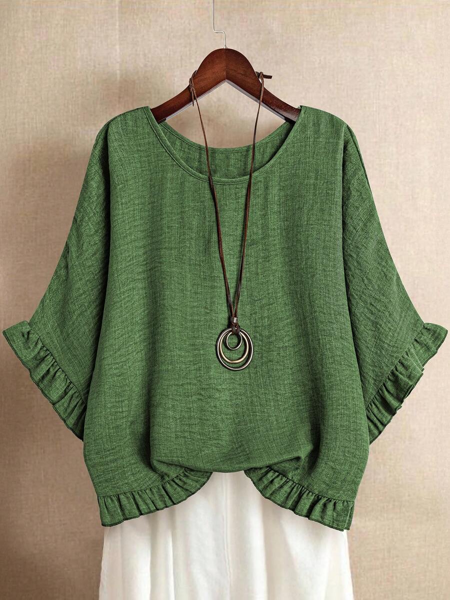 SHEIN LUNE Women's Plus Size Casual Green Woven Fabric Top With Round Neck Half Batwing Sleeves Ruffle Details And Regular Length Perfect For Halloween - Green - View 1