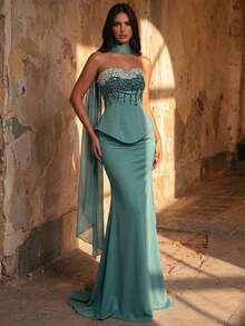 Glamrae Women's Elegant Green Strapless Mermaid Evening Gown,Heavily Embellished 3D Hand-Sewn Beads,Floor-Length Formal Dress With Detachable Halter Neckline - Green - View 7