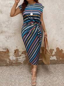 EMERY ROSE Plus Size Striped Color Block Vacation Casual Dress With Cinched Waist Belt Maxi Women Outfit - Lime Green - View 4