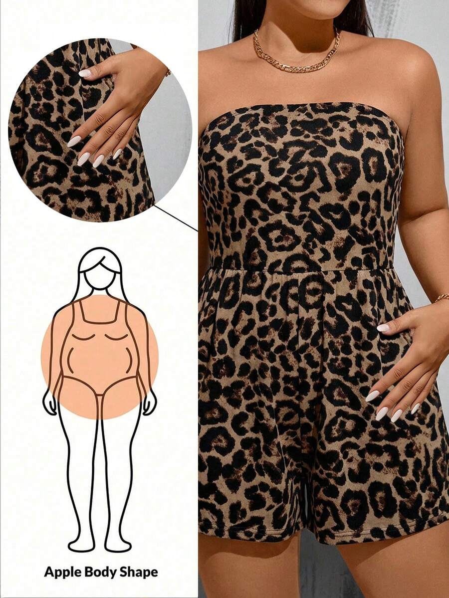 SHEIN Essnce Áo liền quần cỡ lớn dành cho nữ, áo liền quần họa tiết da báo, quần áo cỡ lớn rộng rãi và thoải mái, chất liệu co giãn cao và thoải mái, áo liền quần không dây, trang phục mùa hè. - màu nâu - Xem 1