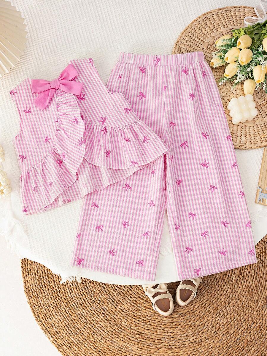 SHEIN LMoss Kids LMoss Young Girl Young Girl Woven Solid Color Round Neck Charging Loose Casual Top And Long Pants Set, Summer - Pink - View 1
