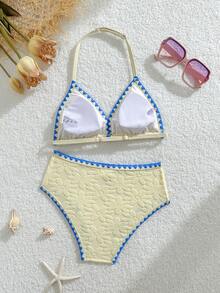 SHEIN 少女碎花面料三角比基尼套装，适合度假、海滩、海边穿着 - 黃色 - 查看 2