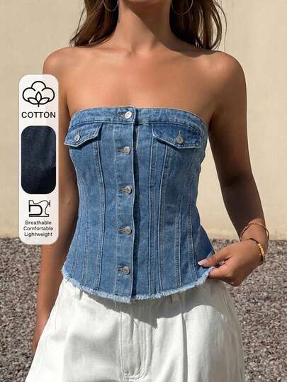 Top bustier de vaquero sin tirantes para mujer, botones frontales, bolsillos y borde desgastado ajustado