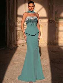 Glamrae Women's Elegant Green Strapless Mermaid Evening Gown,Heavily Embellished 3D Hand-Sewn Beads,Floor-Length Formal Dress With Detachable Halter Neckline - Green - View 6