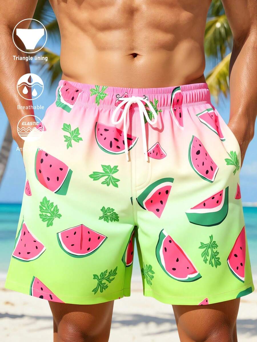 Surfspeed Men's Summer Vacation Style Gradient Watermelon Print Drawstring Waist Beach Shorts - Pink - View 1