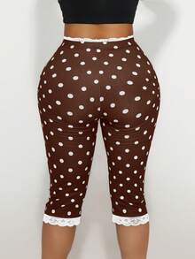 Sirith Women's Lace Trim Bow Decor Black & White Polka Dot Leggings - Mocha Brown - View 3