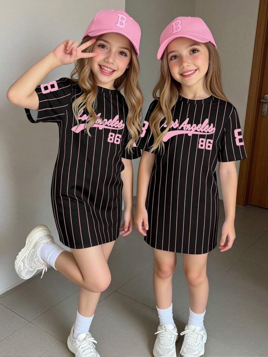 SHEIN 春夏女童休闲时尚创意清新简约粉色洛杉矶86黑色粉色条纹字母印花短袖T恤裙,舒适夏秋装 - 卡其色 - 查看 1