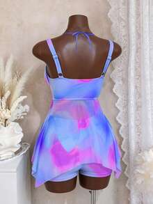 Swim Mod Plus Size Women 2pcs Tie-Dye Print V-Neck Tummy Slimming Tankini Swimsuit - Multicolor - View 8