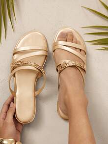 SHUZIA Beautiful Women's Gold Faux Leather Pu Flat Greek Sandals Wide-Fit Gold Coin Decor, Easy-Wear Slide Stylish Comfort Open Toe Spring Summer Chic Holiday Easter Beach Shoes - Gold - View 2