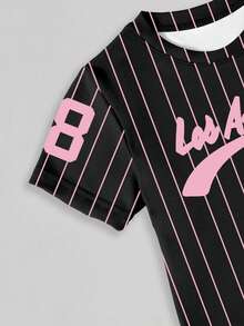 SHEIN 春夏女童休闲时尚创意清新简约粉色洛杉矶86黑色粉色条纹字母印花短袖T恤裙，舒适夏秋装 - 卡其色 - 查看 6