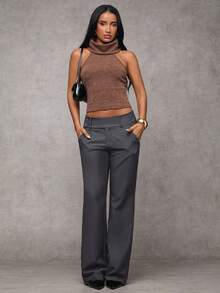 SHEIN BAE Quần dài nữ thường ngày và trang trọng, màu xám đậm, chất liệu 97% cotton. - Màu xám đen - Xem 7